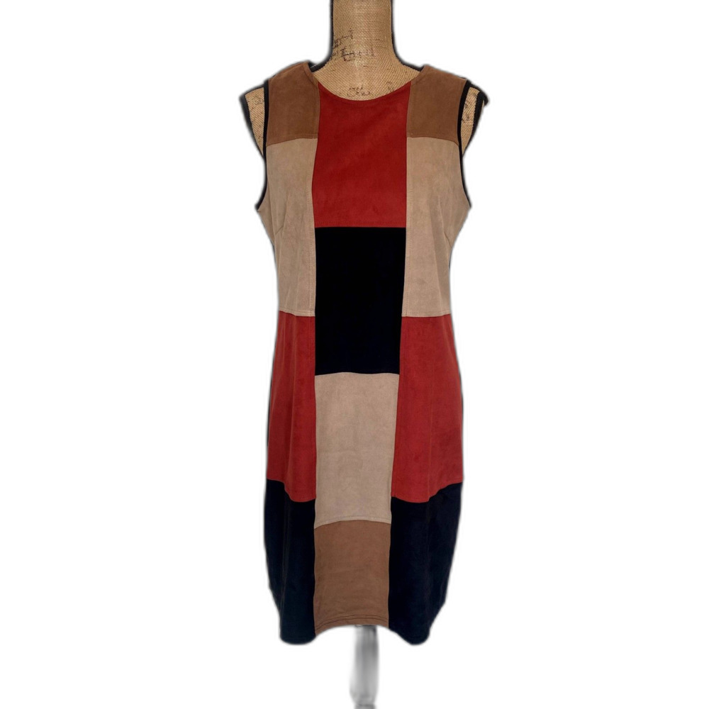 Spense‎ Faux Suede Patchwork Shift Dress Orange Black Tan Brown Retro Size 12